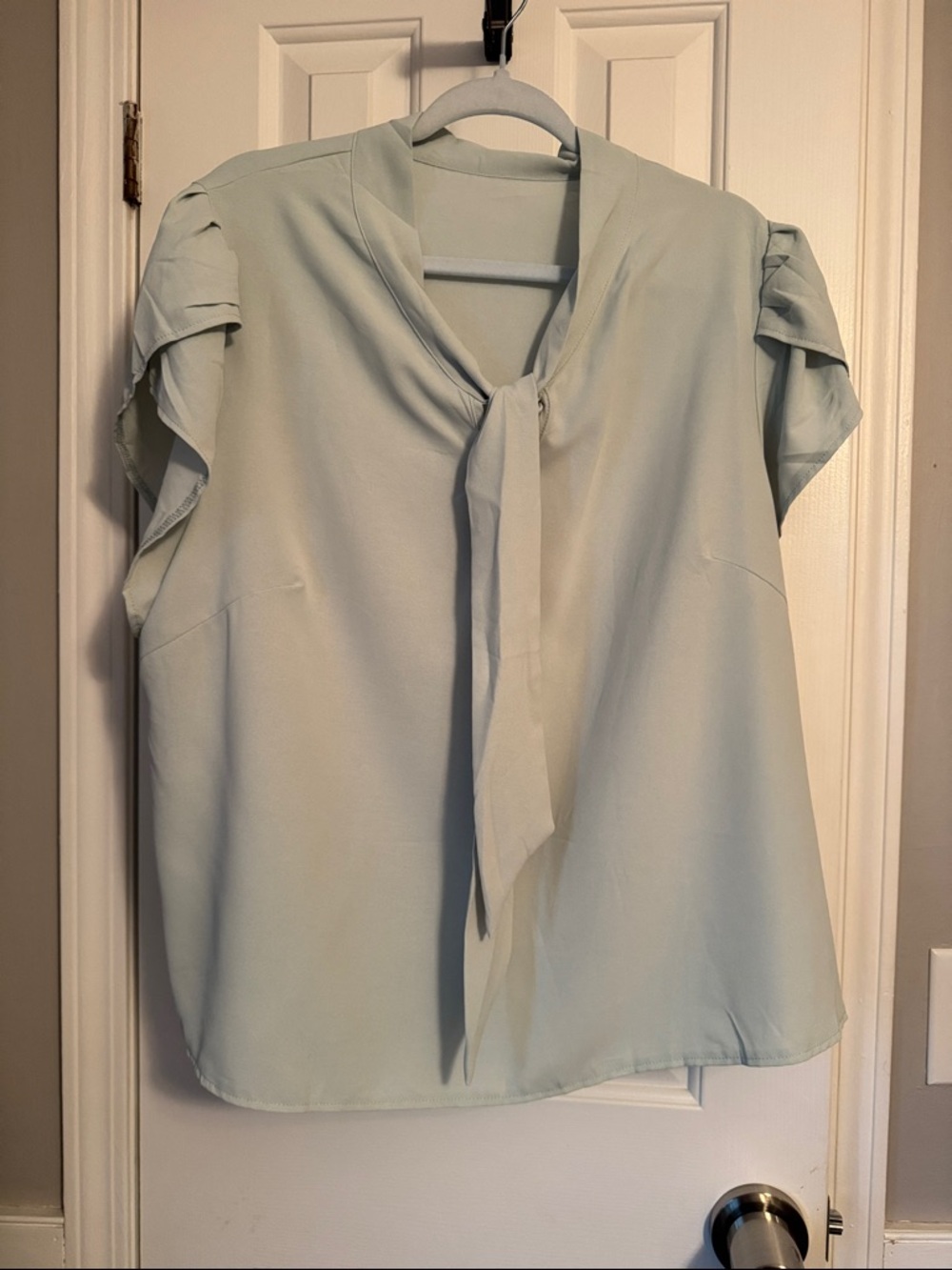 Split Sleeve Tie-Neck Blouse in Light Aqua